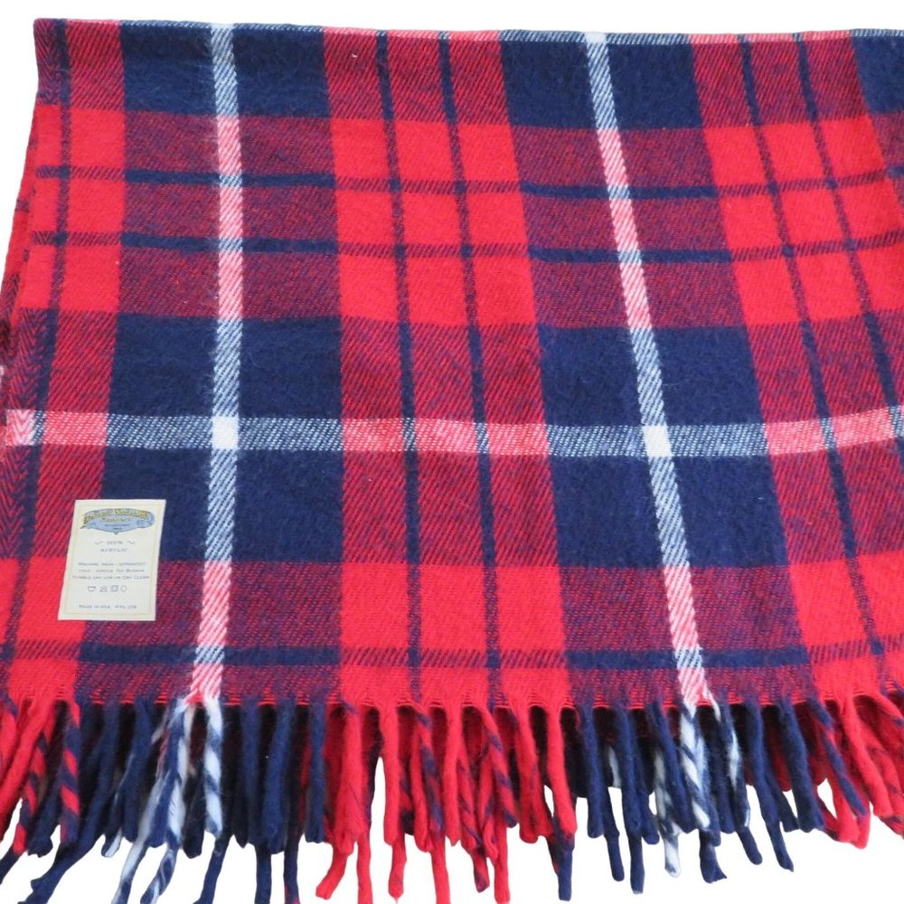 Faribault Woolen Mills Vintage Red Tartan Plaid Fringed Acrylic Throw Blanket